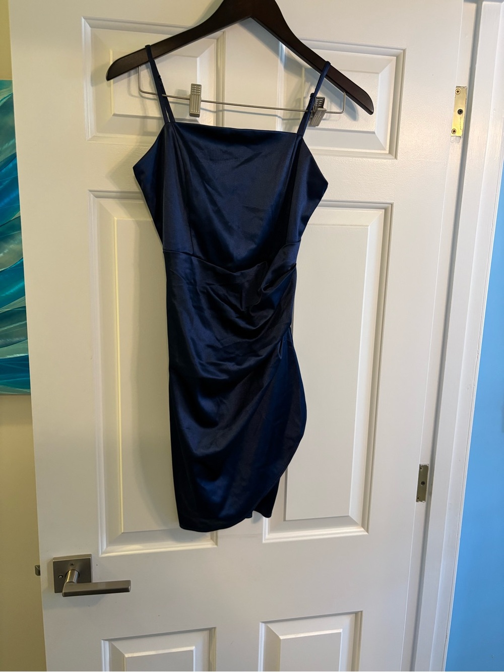 Emerald Sundae Navy Satin Mini Dress with Draped Side